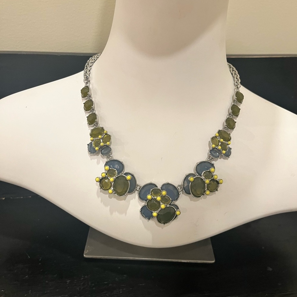 Talbots Green & Blue Floral Cluster Statement Necklace Silver Tone